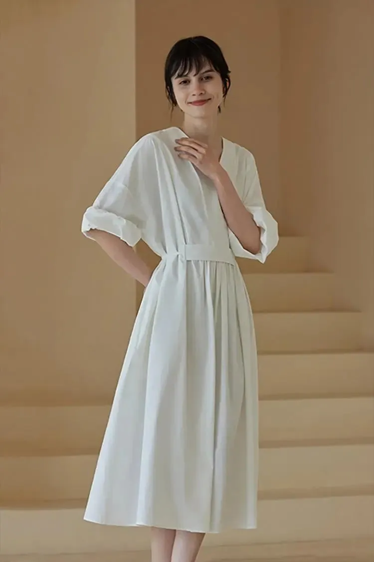 100 Cotton Kimono Front Oversized White Midi Dress