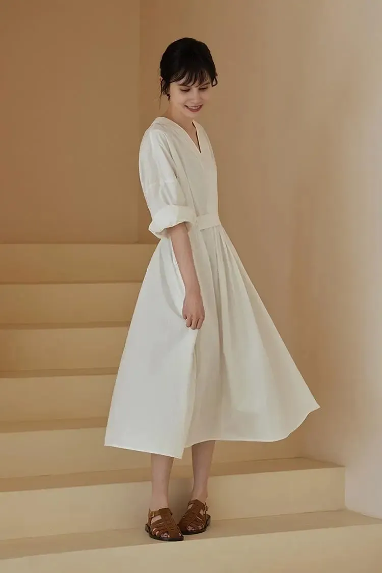 100 Cotton Kimono Front Oversized White Midi Dress