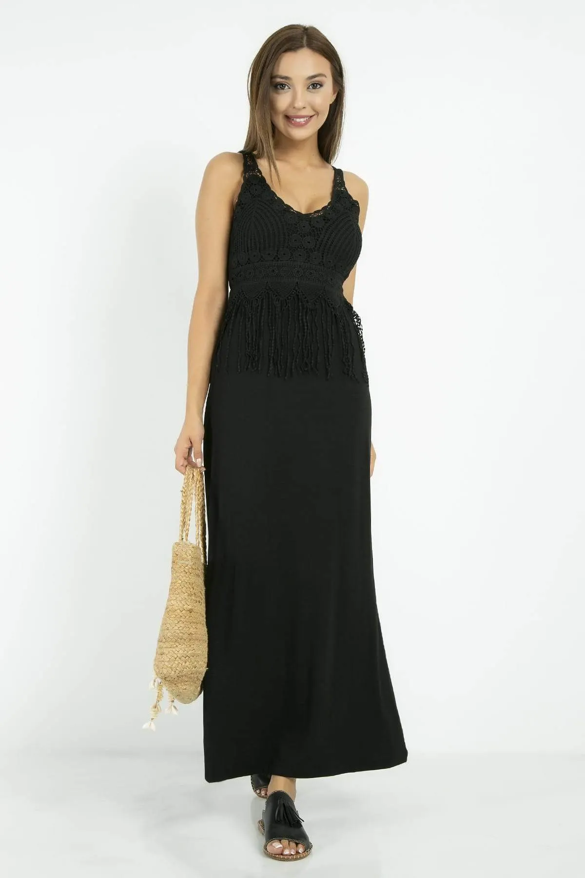 13139 Black Embroidered Lace Maxi Dress