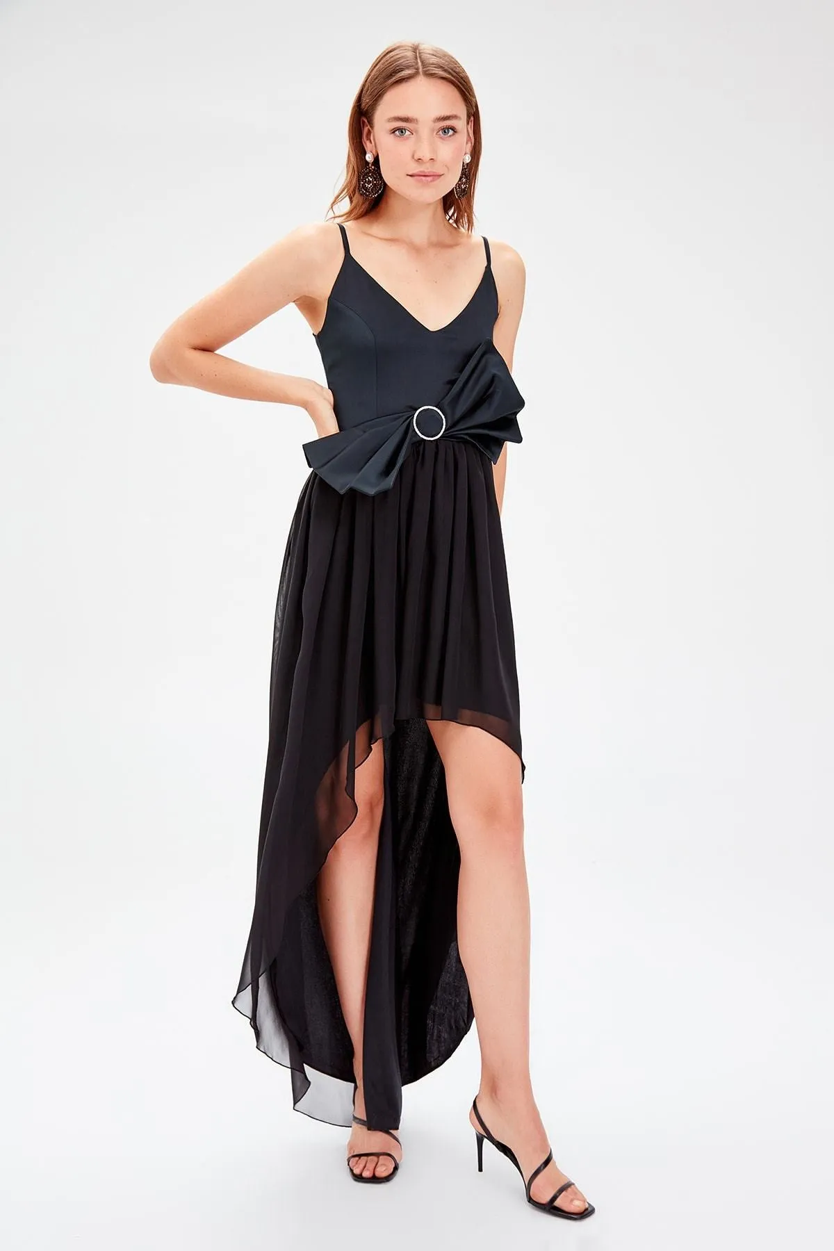 13326 Black Contrast Bow Hi-Low Strap Dress