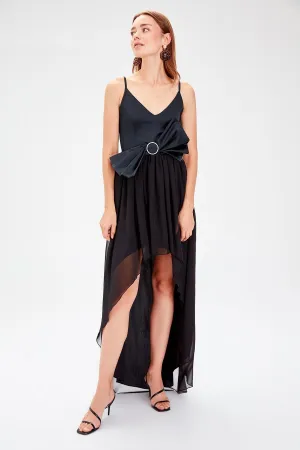13326 Black Contrast Bow Hi-Low Strap Dress