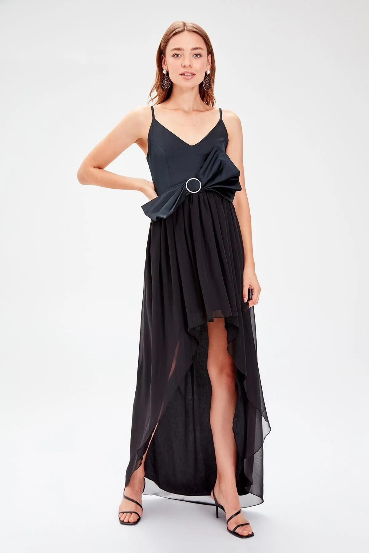 13326 Black Contrast Bow Hi-Low Strap Dress