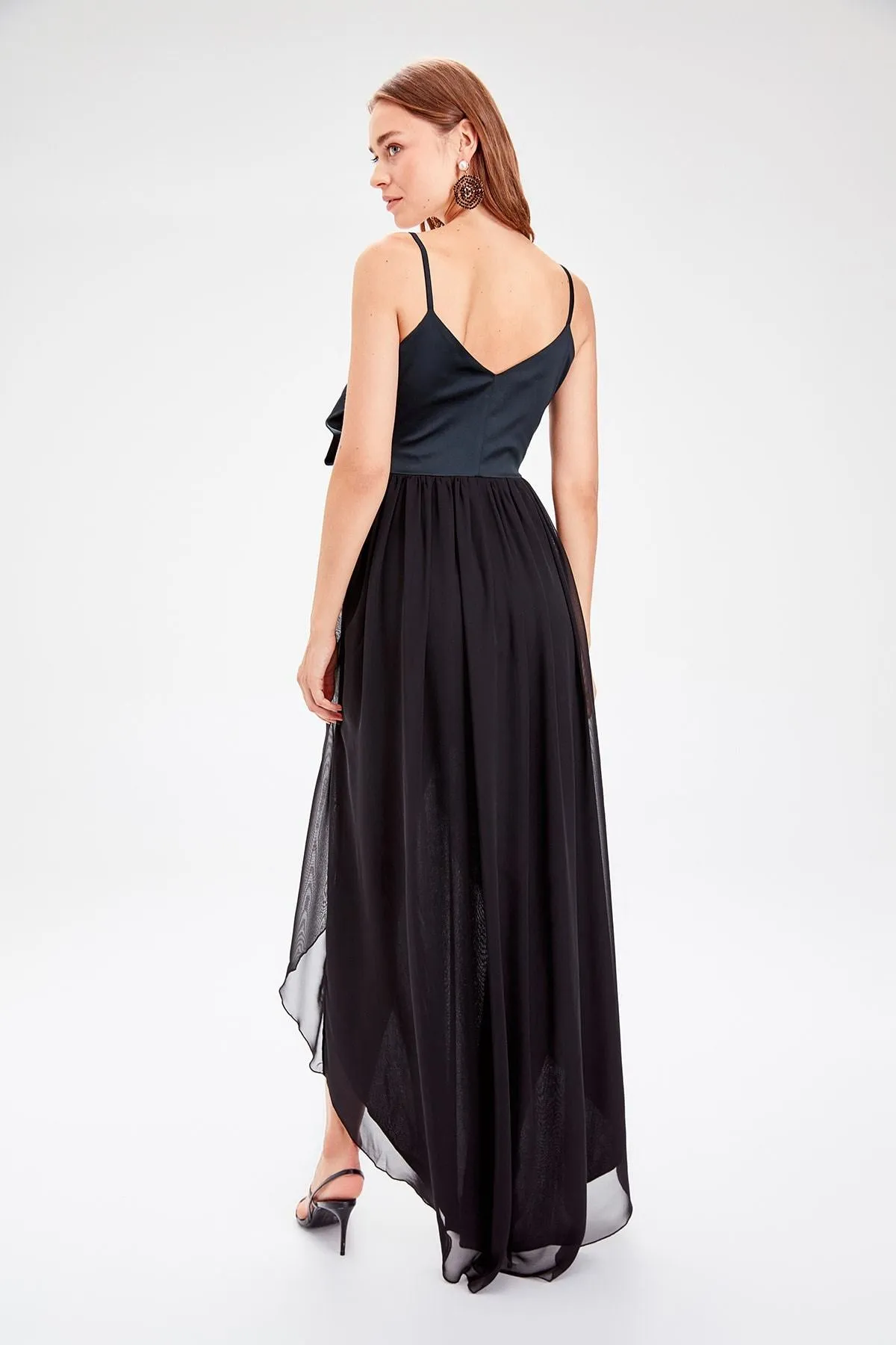 13326 Black Contrast Bow Hi-Low Strap Dress