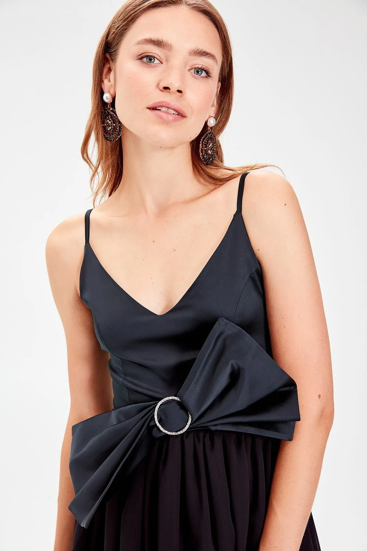 13326 Black Contrast Bow Hi-Low Strap Dress