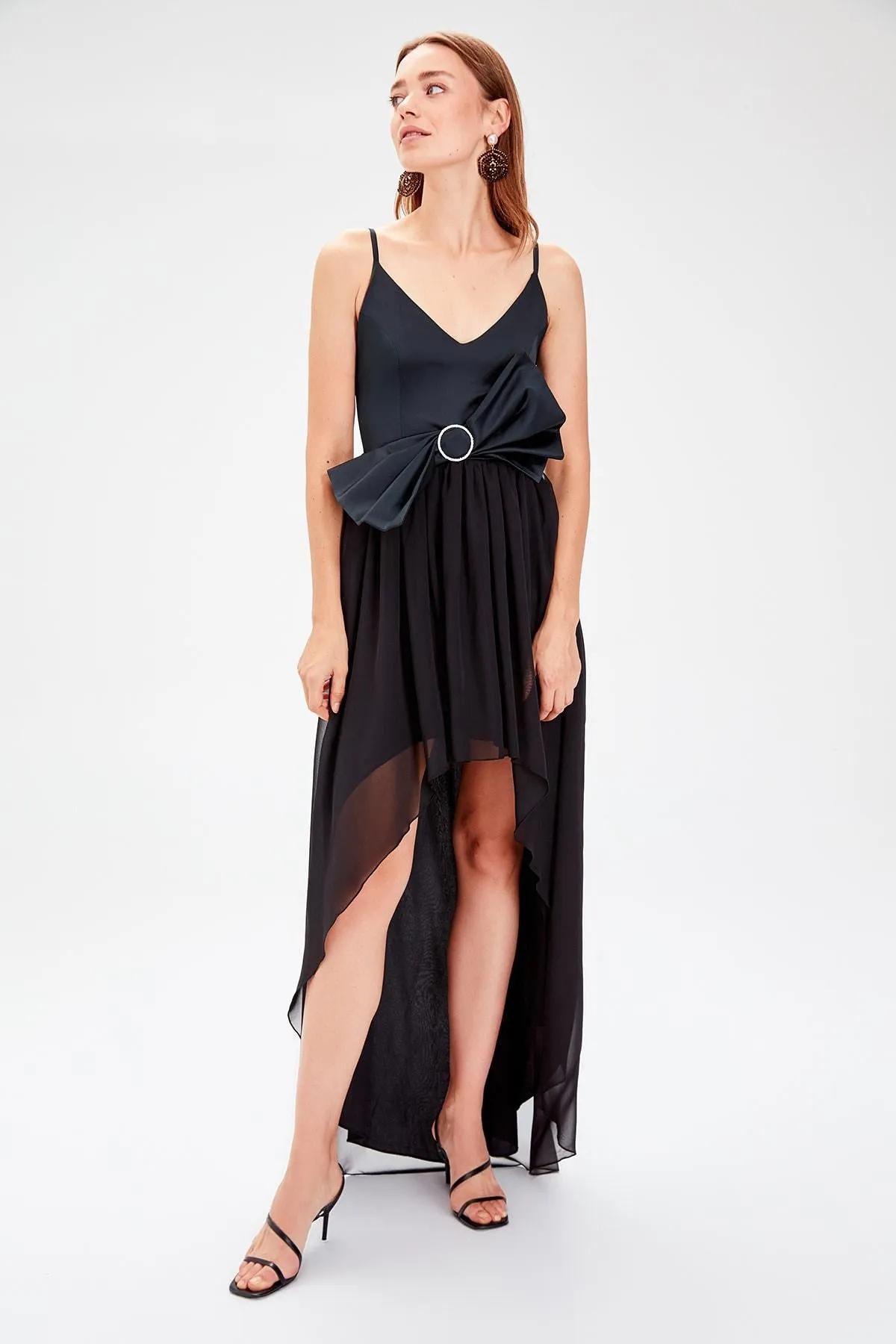 13326 Black Contrast Bow Hi-Low Strap Dress