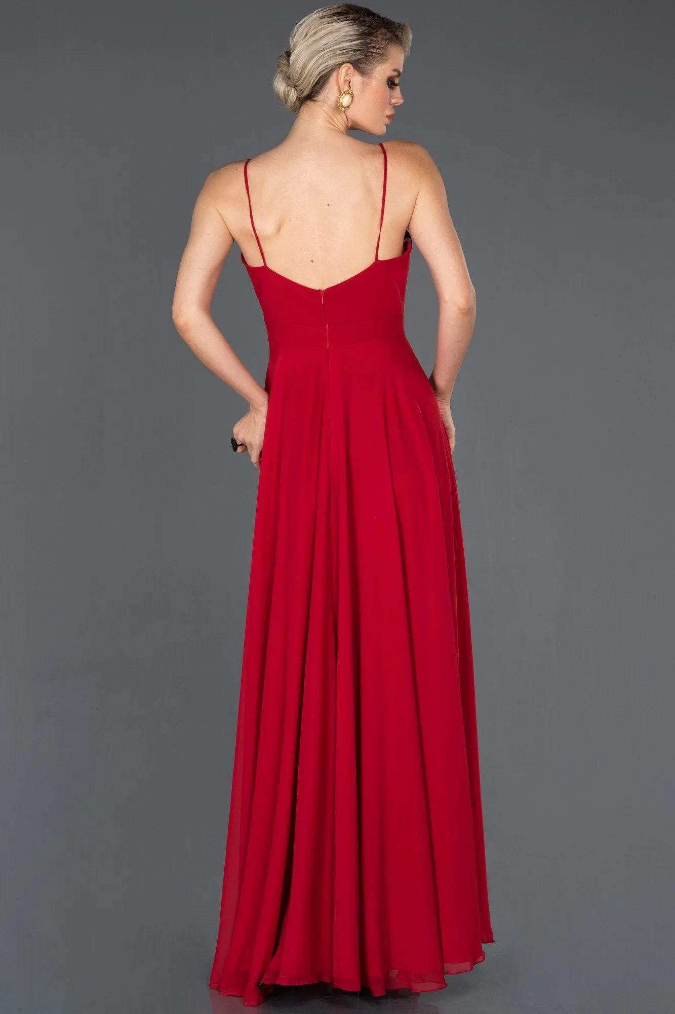 14495 Red Chiffon Slit Dress
