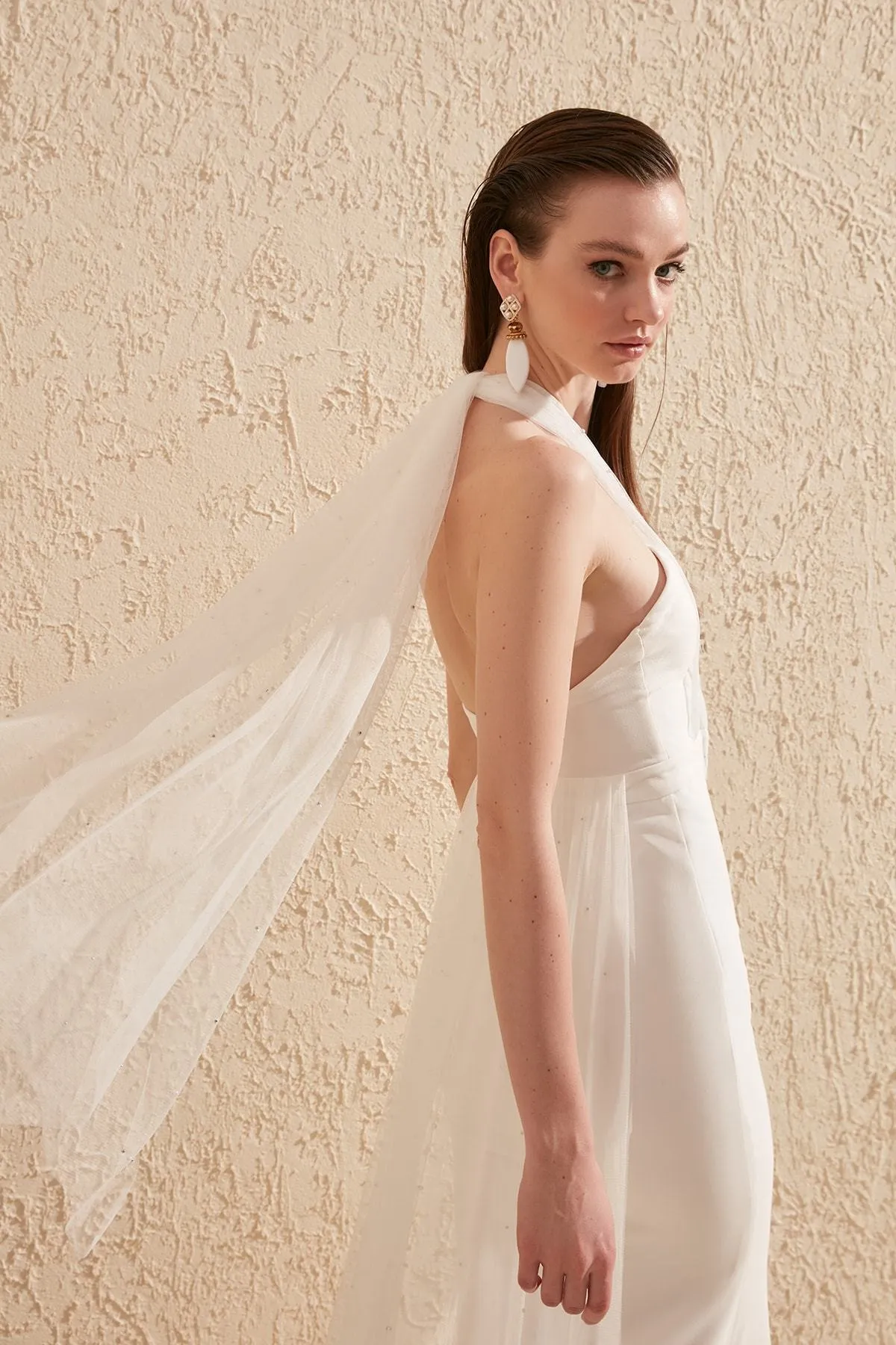 16424 Ecru Chiffon Detail Halterneck Dress