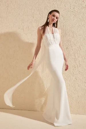 16424 Ecru Chiffon Detail Halterneck Dress