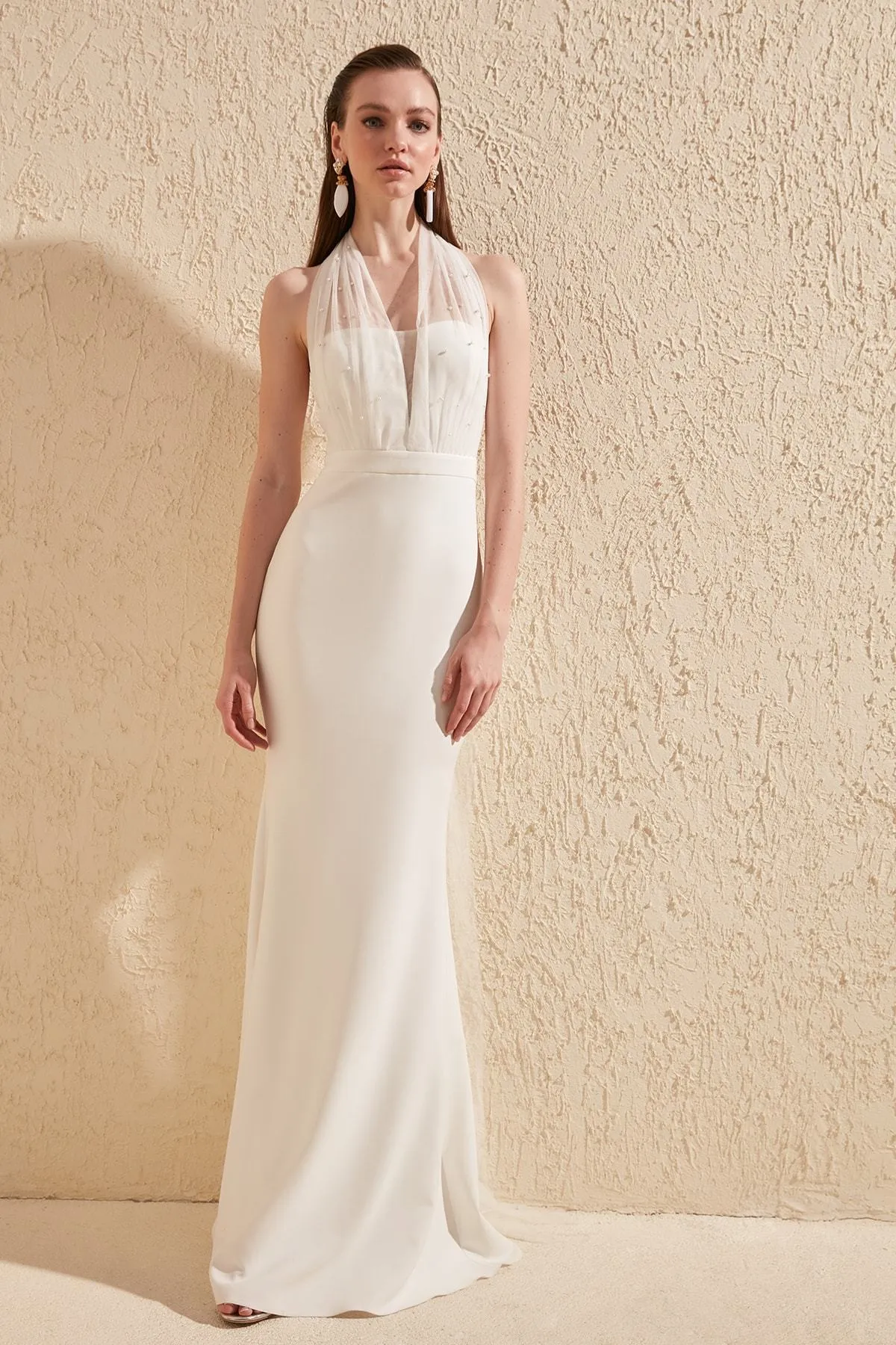16424 Ecru Chiffon Detail Halterneck Dress