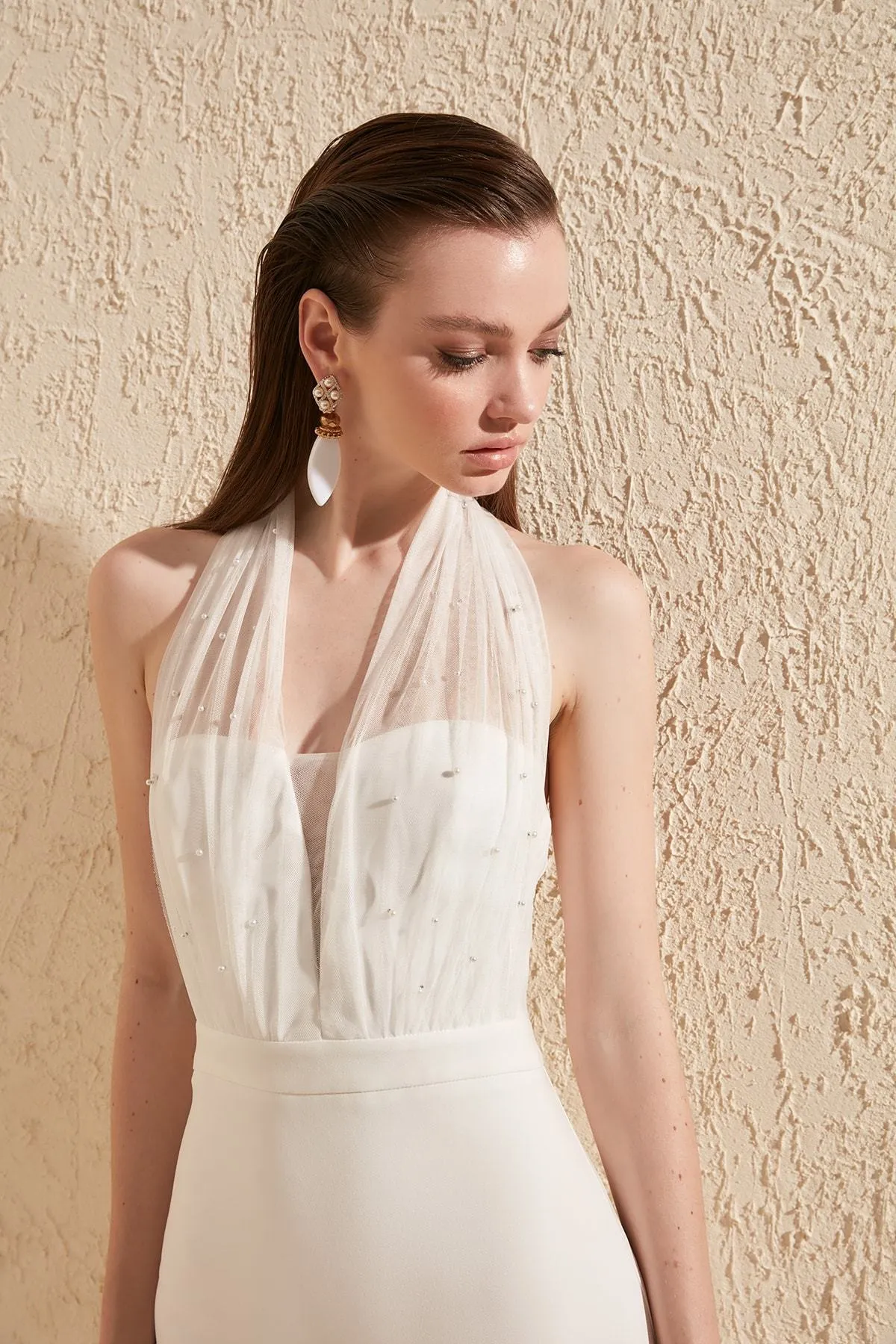 16424 Ecru Chiffon Detail Halterneck Dress