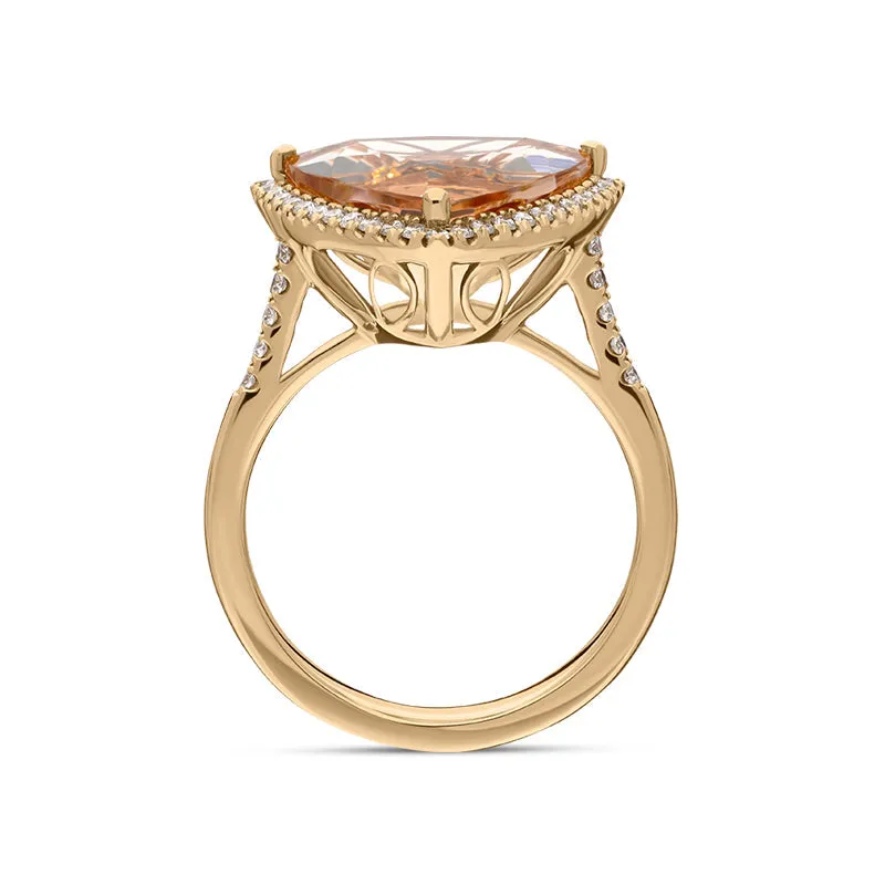 18ct Rose Gold Morganite Diamond Trillion Cut Shoulder Set Halo Ring