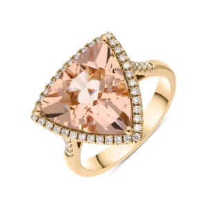 18ct Rose Gold Morganite Diamond Trillion Cut Shoulder Set Halo Ring