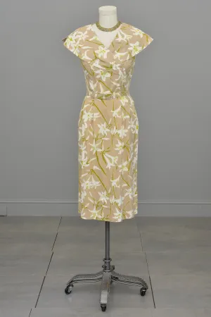 1940s 50s Taupe Novelty Lily Print Wiggle Dress