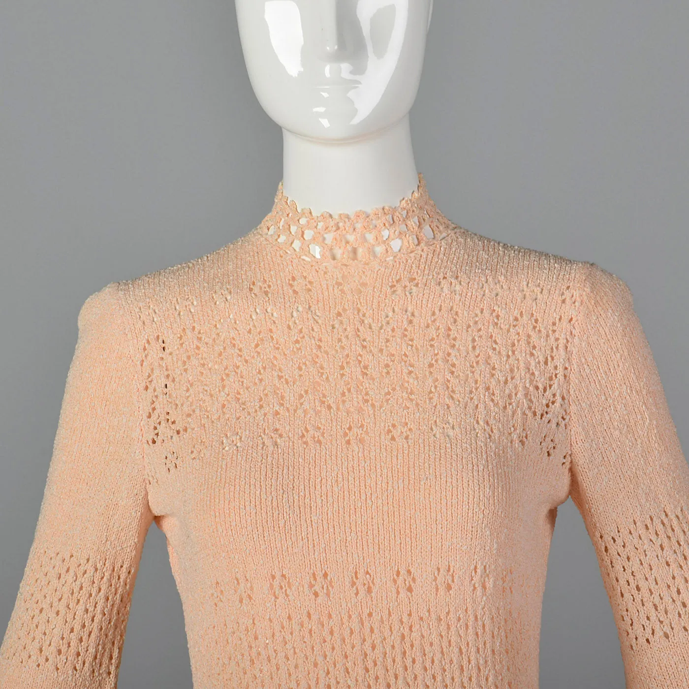 1970s Pink Knit Maxi Dress with Bell Sleeves