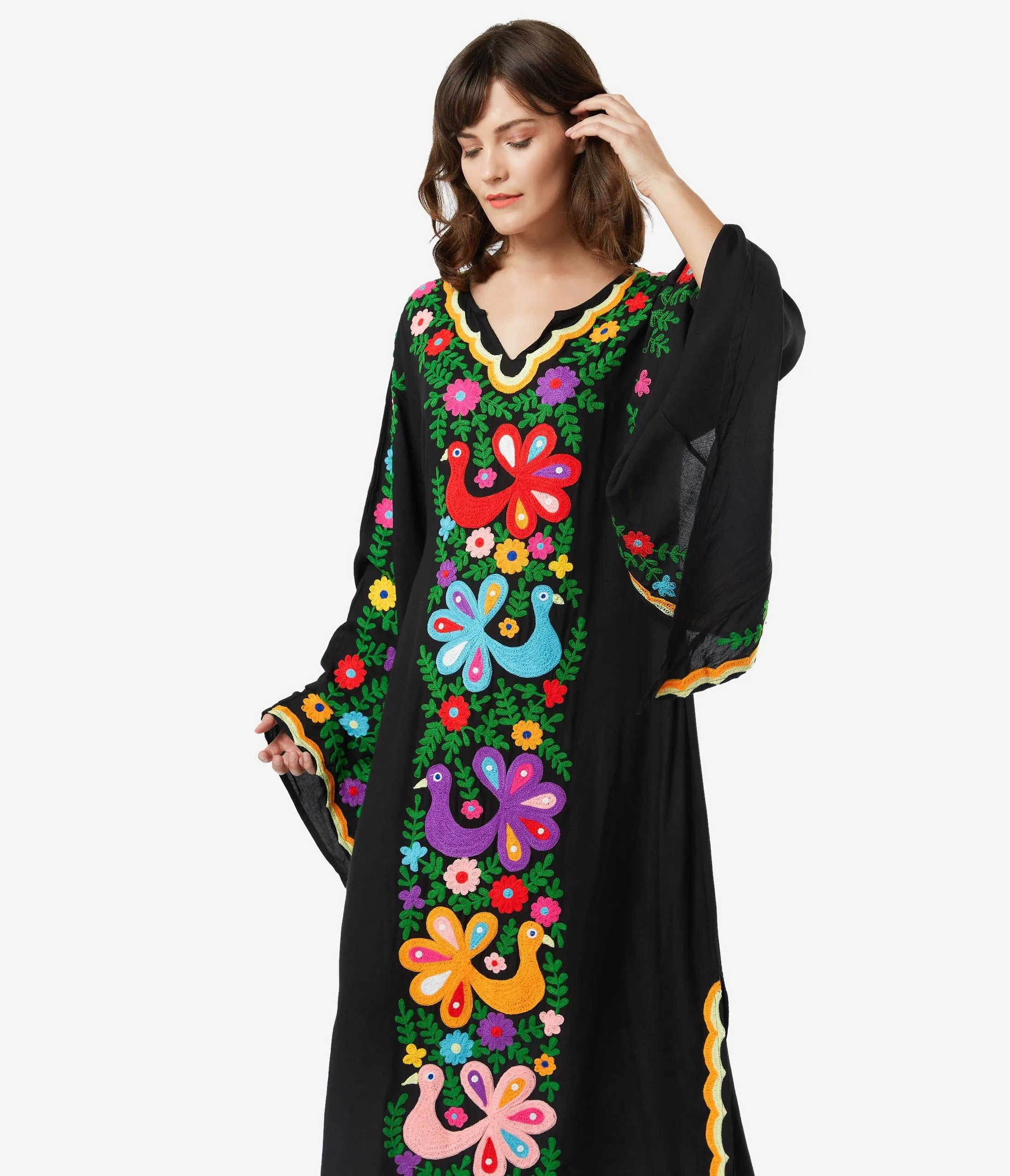 1970s Style Black & Multicolor Embroidered Peacock Caftan