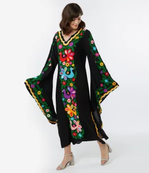 1970s Style Black & Multicolor Embroidered Peacock Caftan