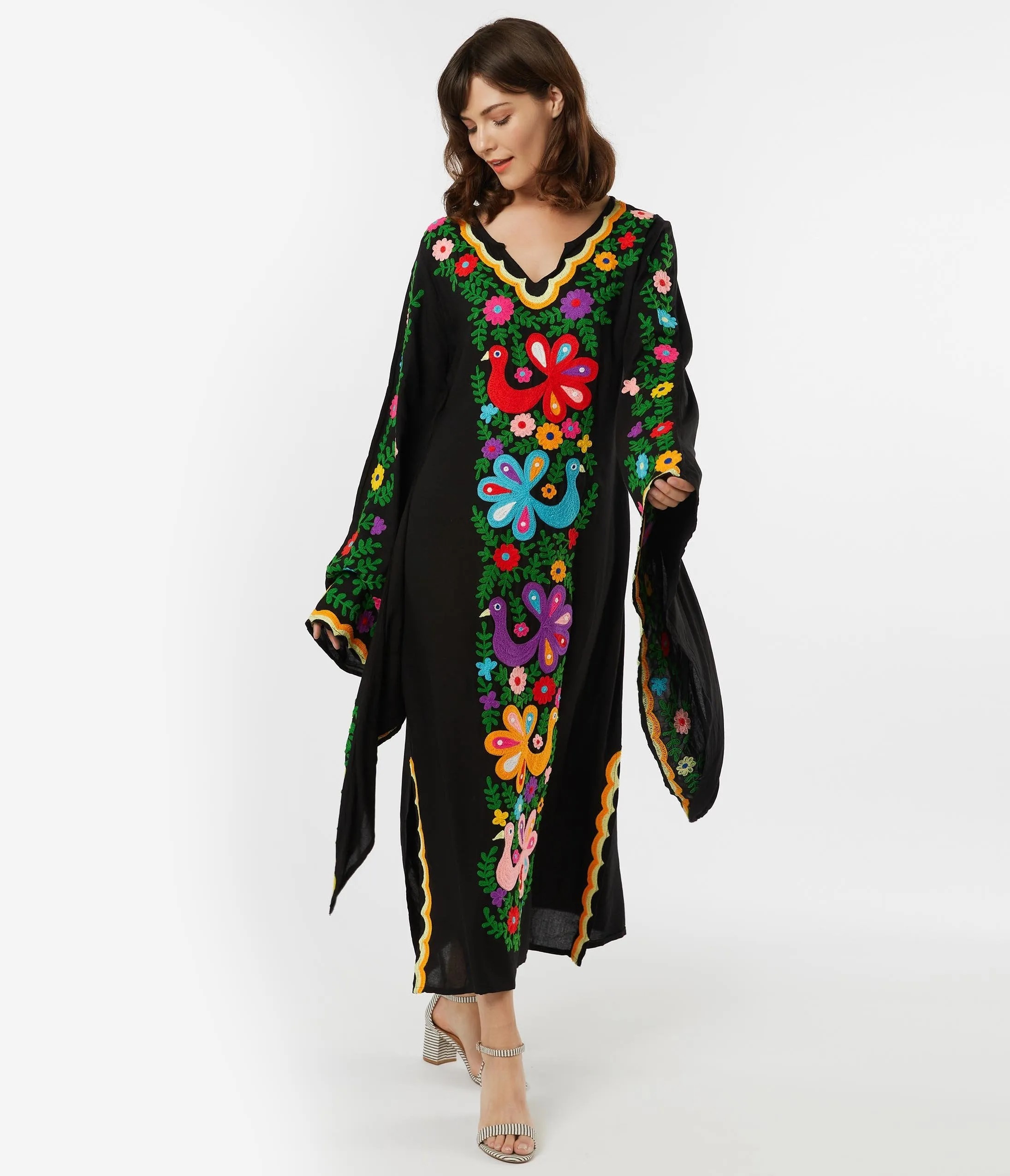 1970s Style Black & Multicolor Embroidered Peacock Caftan