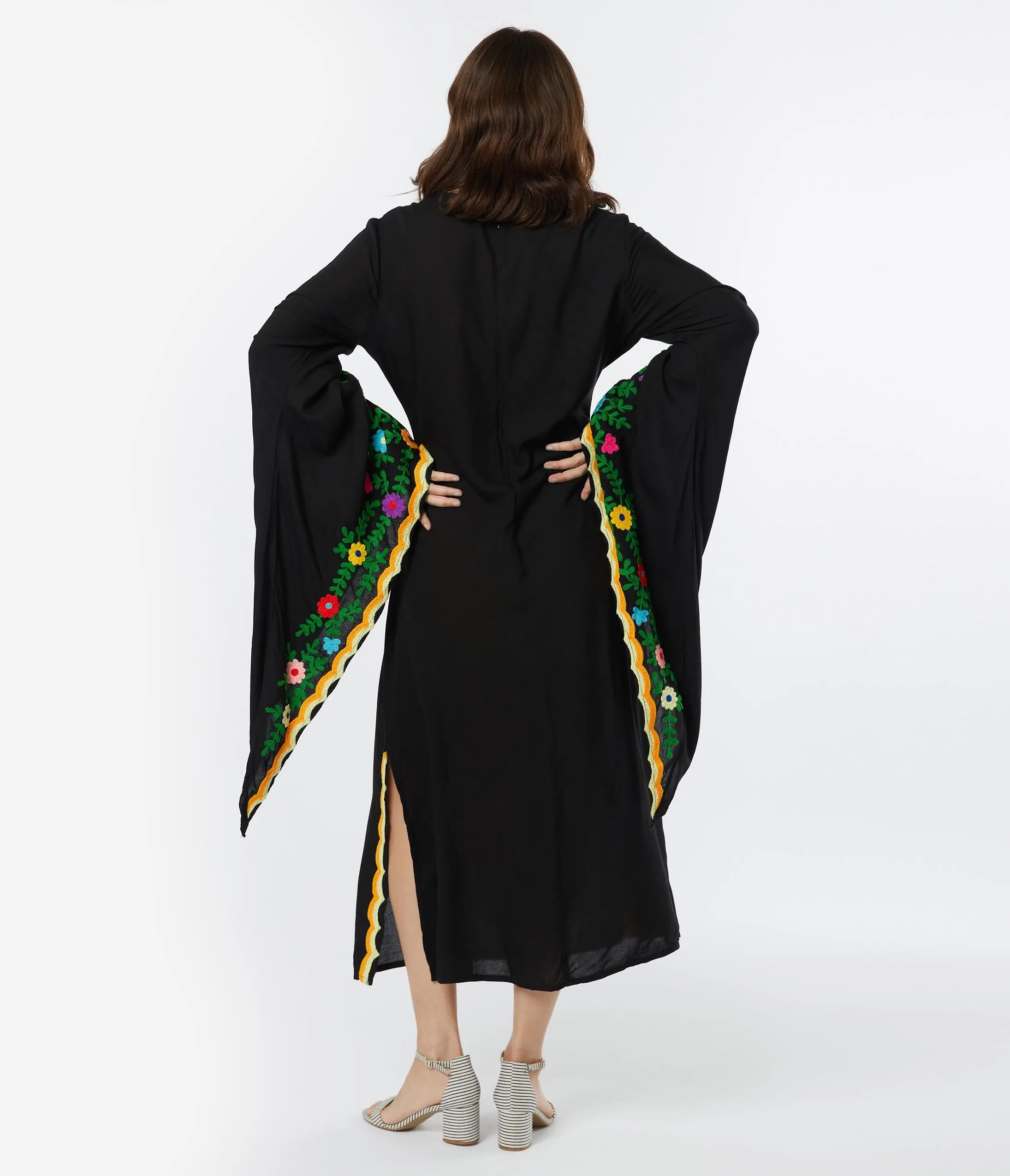 1970s Style Black & Multicolor Embroidered Peacock Caftan