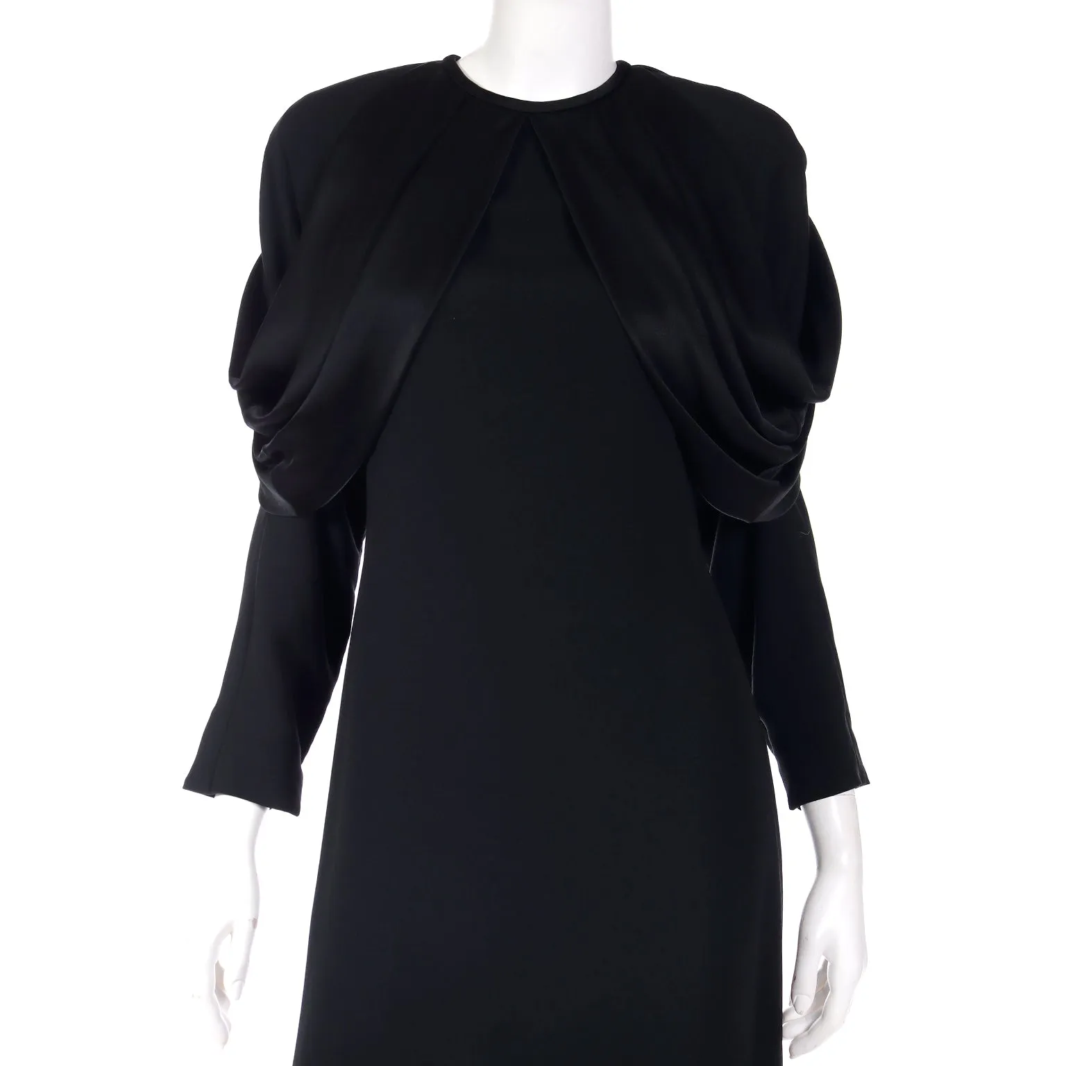 1980s Adele Simpson Vintage Black Crepe Dress W Dramatic Drape