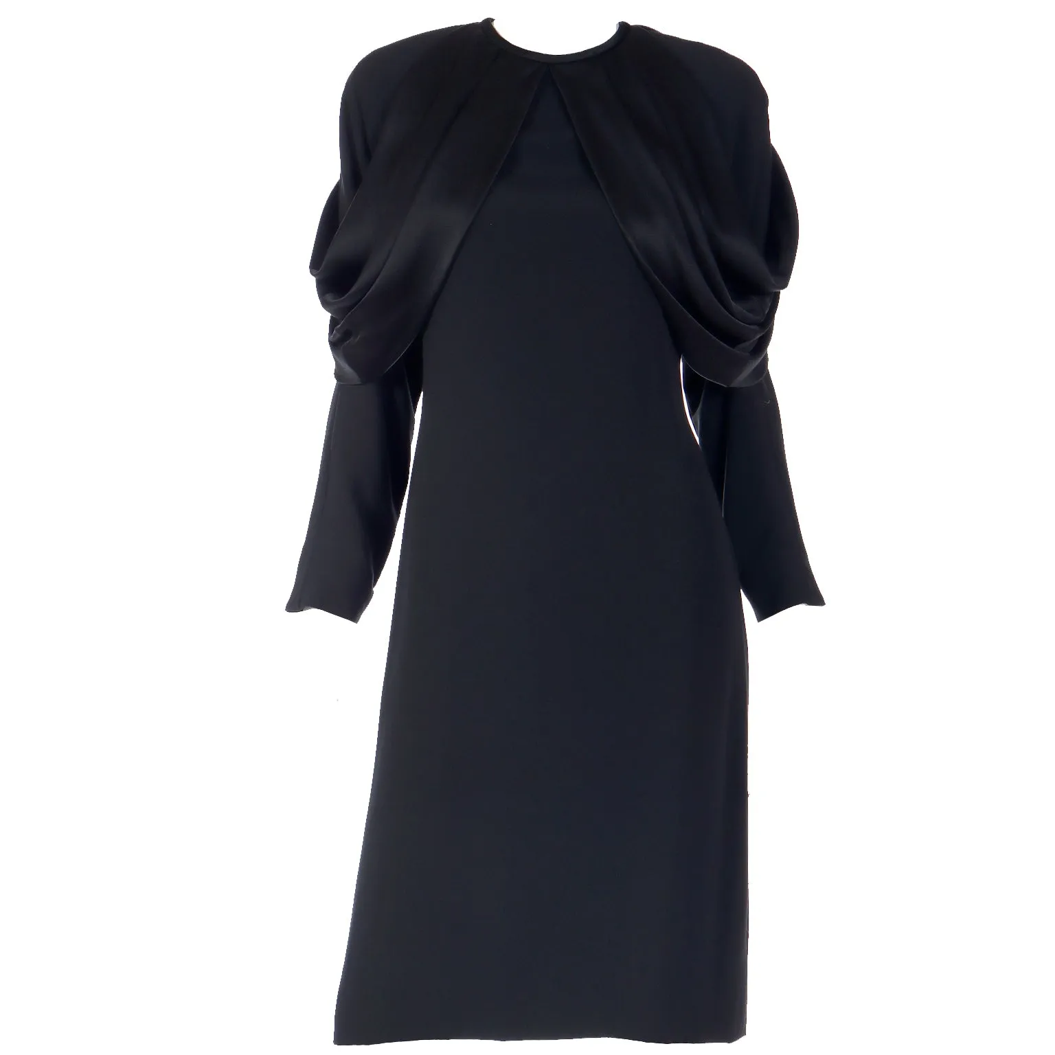 1980s Adele Simpson Vintage Black Crepe Dress W Dramatic Drape