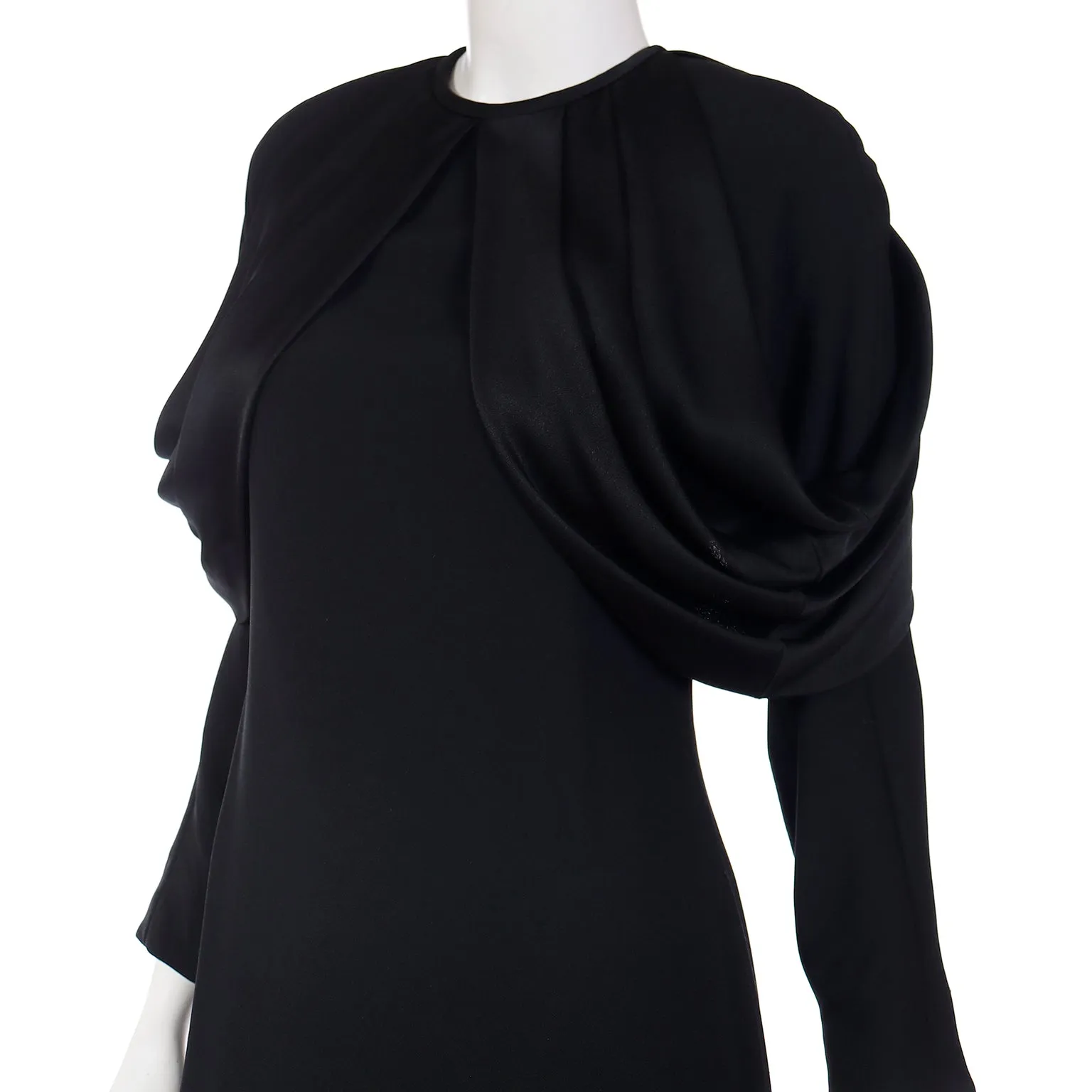 1980s Adele Simpson Vintage Black Crepe Dress W Dramatic Drape