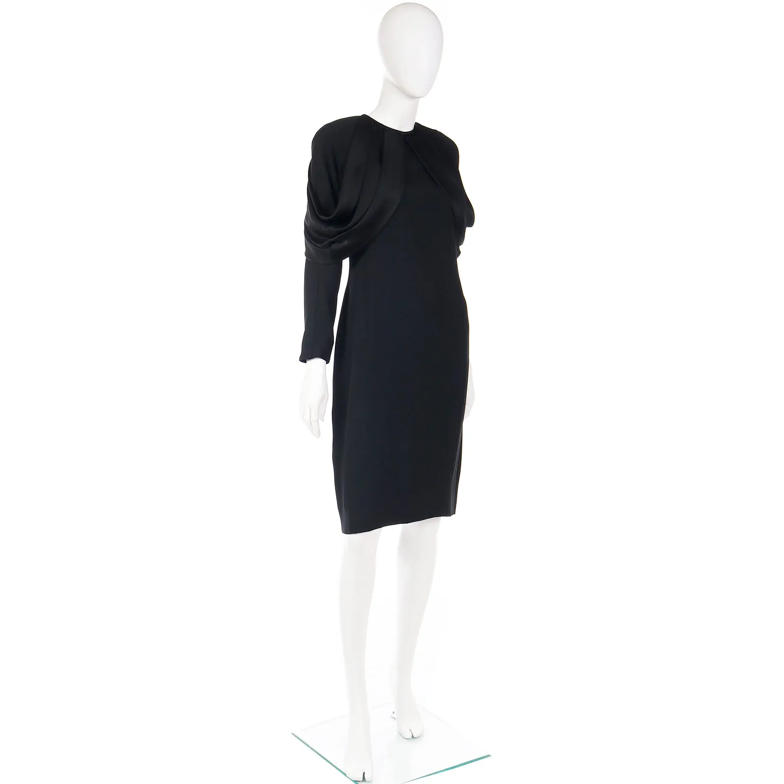 1980s Adele Simpson Vintage Black Crepe Dress W Dramatic Drape