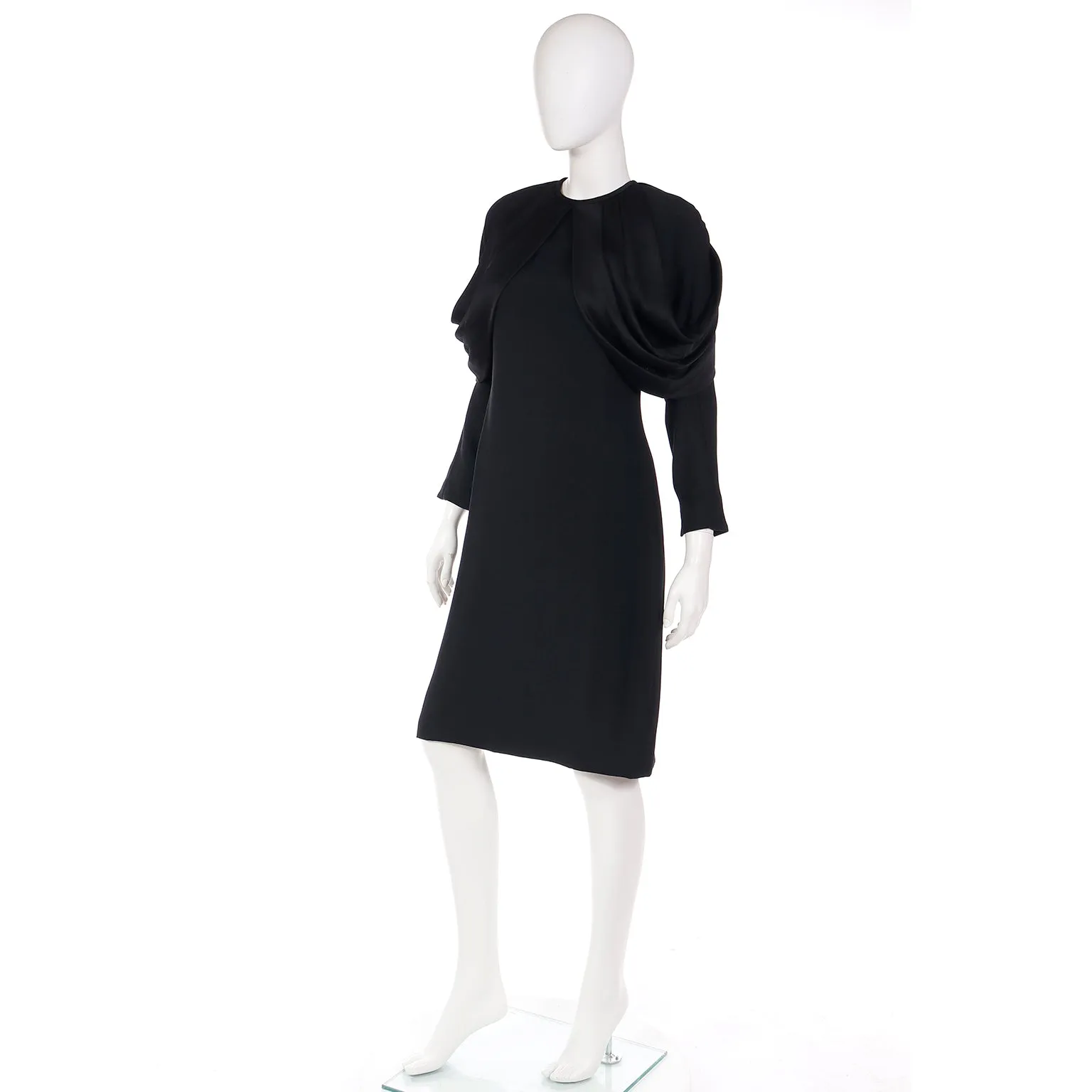 1980s Adele Simpson Vintage Black Crepe Dress W Dramatic Drape