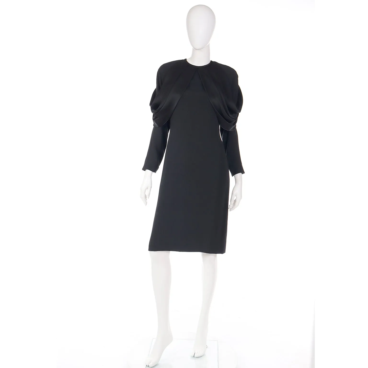1980s Adele Simpson Vintage Black Crepe Dress W Dramatic Drape