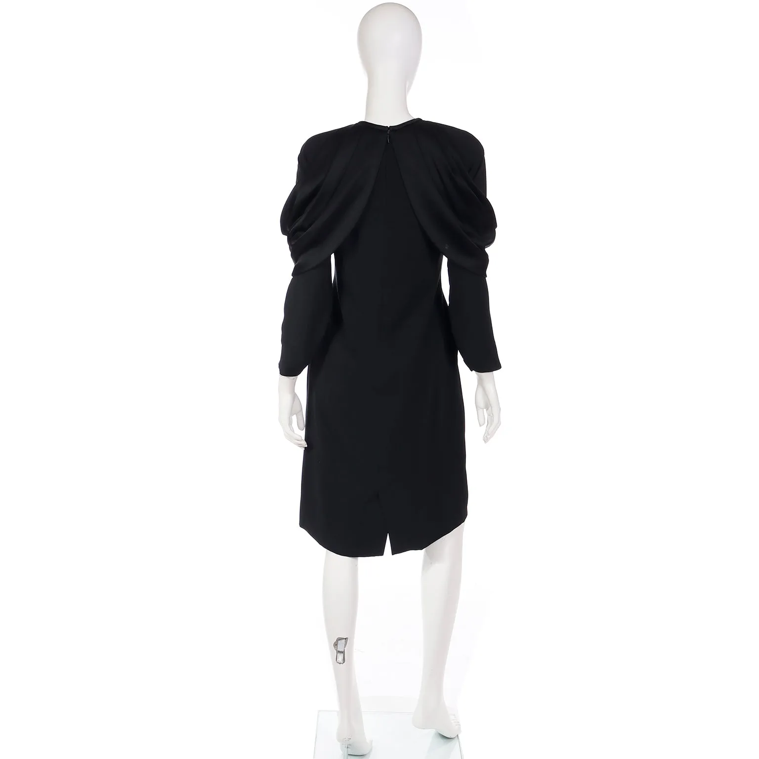 1980s Adele Simpson Vintage Black Crepe Dress W Dramatic Drape