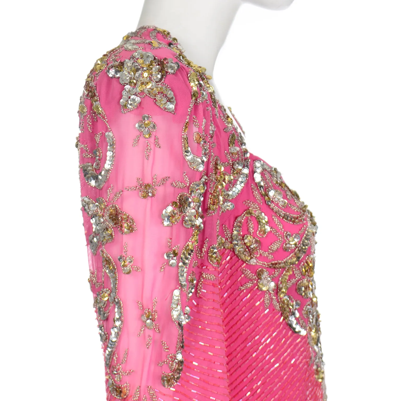 1980s Diane Freis Pink Evening Dress Beaded Vintage Gown