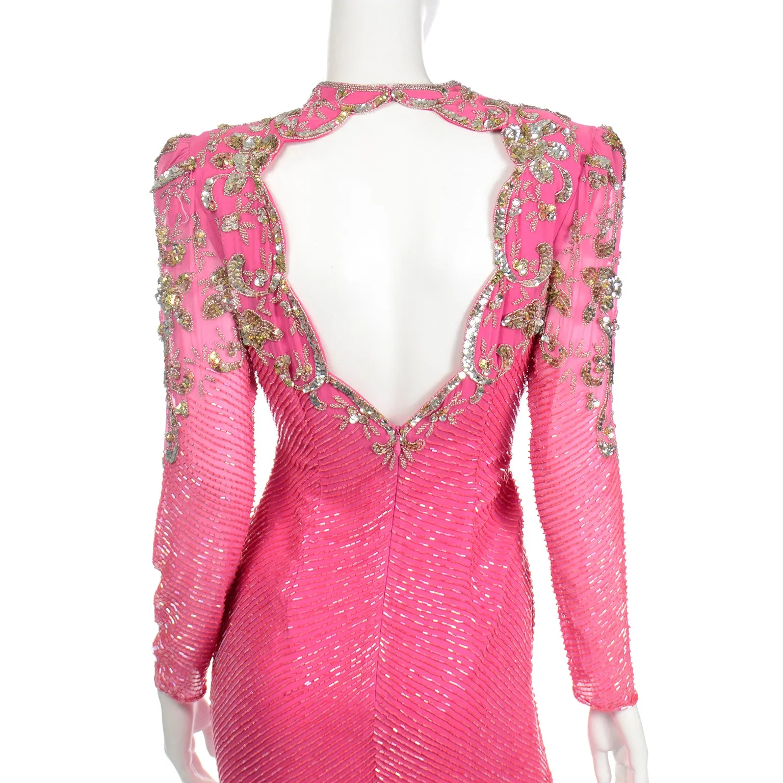1980s Diane Freis Pink Evening Dress Beaded Vintage Gown
