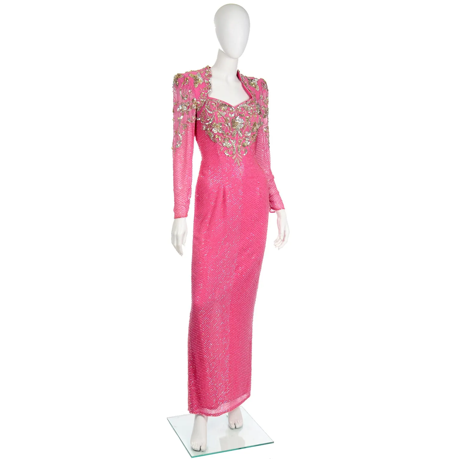1980s Diane Freis Pink Evening Dress Beaded Vintage Gown