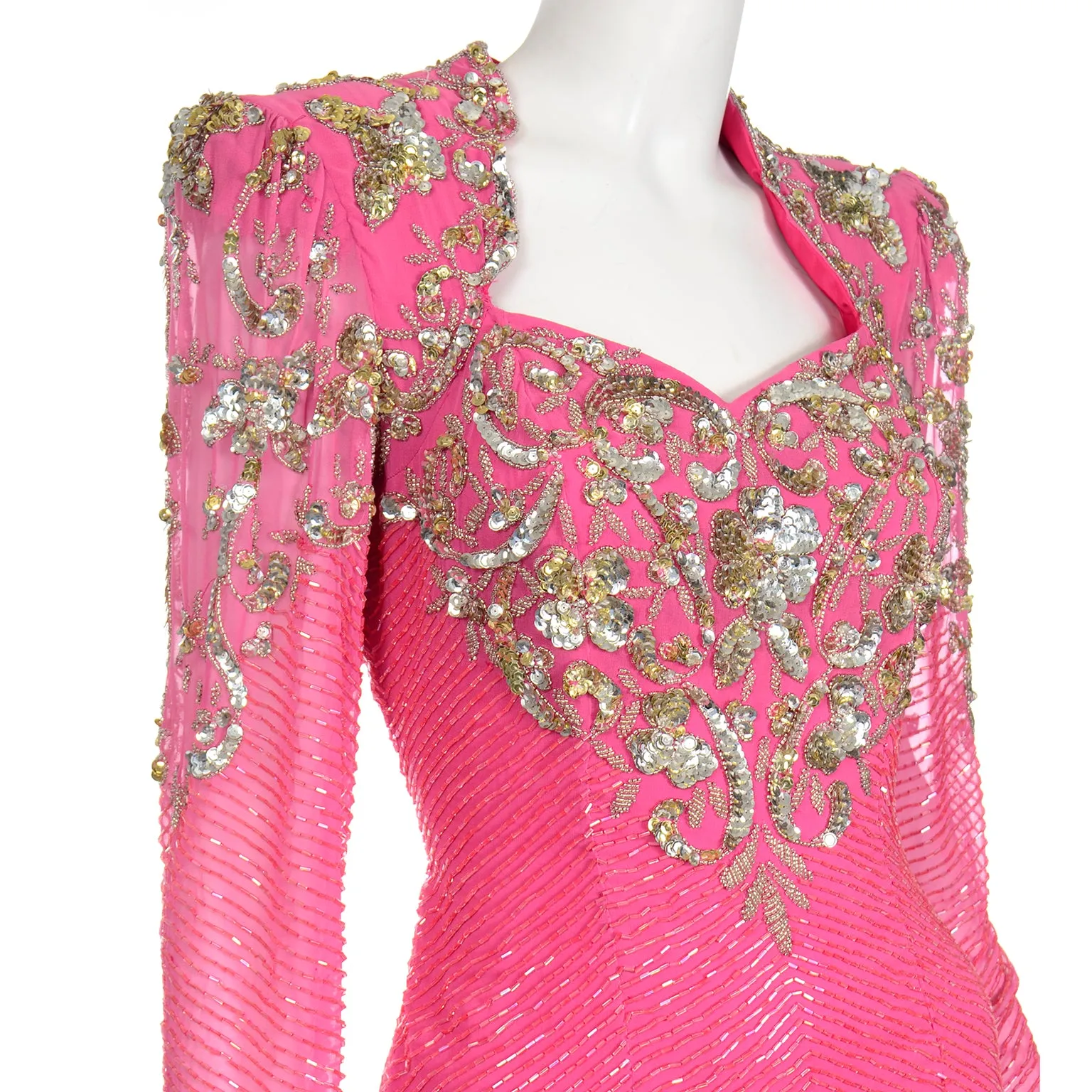 1980s Diane Freis Pink Evening Dress Beaded Vintage Gown