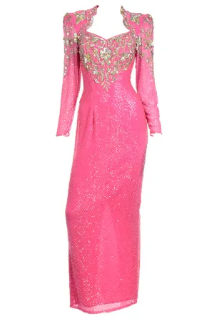 1980s Diane Freis Pink Evening Dress Beaded Vintage Gown
