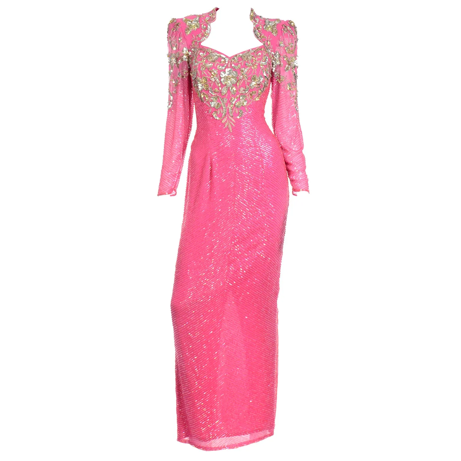 1980s Diane Freis Pink Evening Dress Beaded Vintage Gown