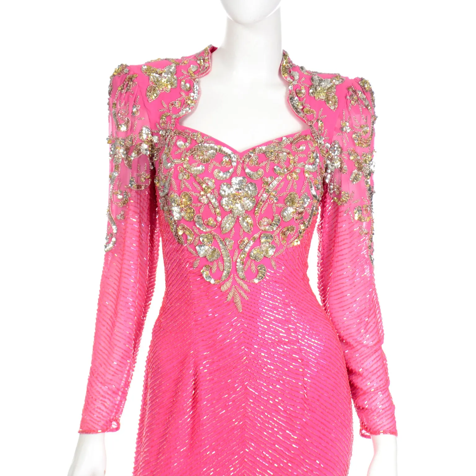 1980s Diane Freis Pink Evening Dress Beaded Vintage Gown