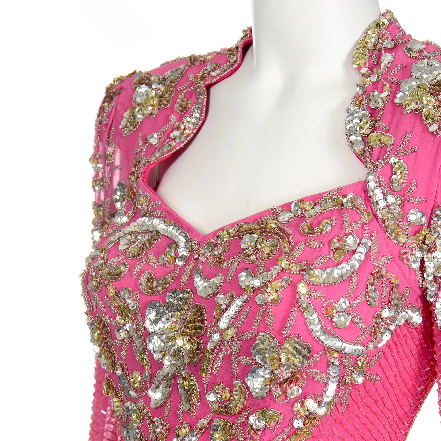 1980s Diane Freis Pink Evening Dress Beaded Vintage Gown