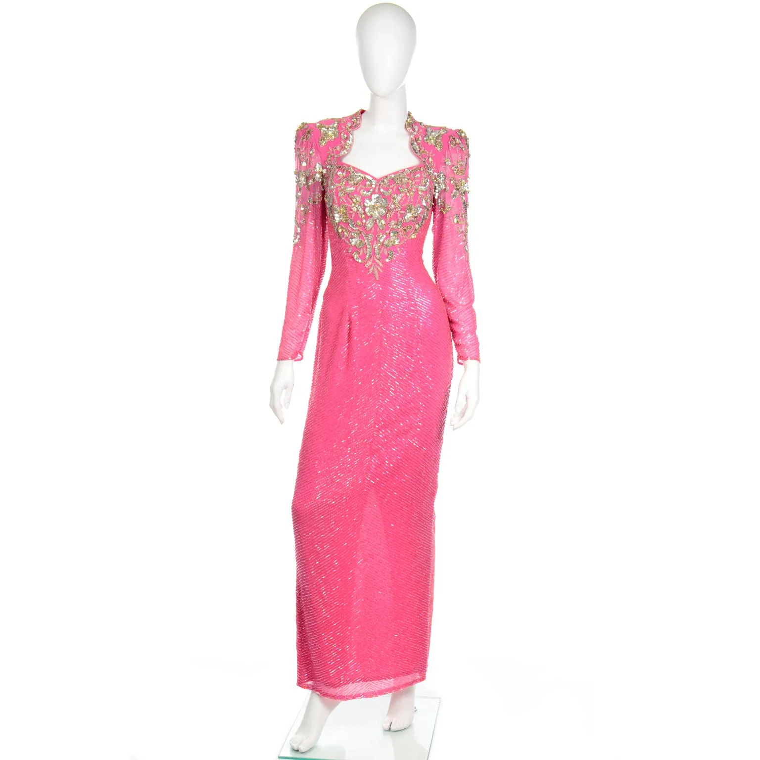 1980s Diane Freis Pink Evening Dress Beaded Vintage Gown