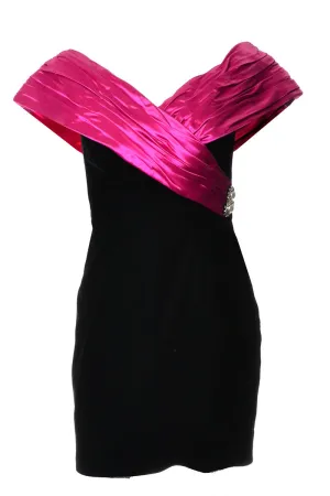 1980s Dramatic Black Velvet Pink Satin Vintage Cocktail Dress