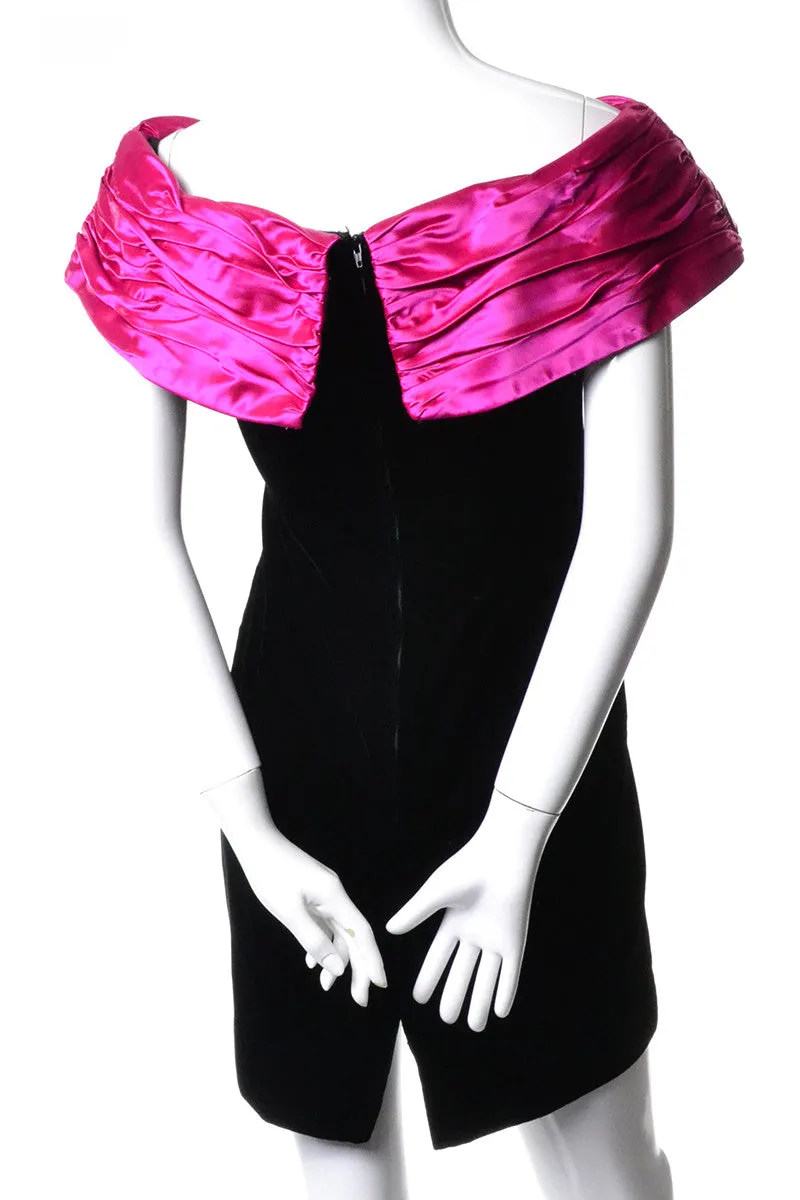 1980s Dramatic Black Velvet Pink Satin Vintage Cocktail Dress