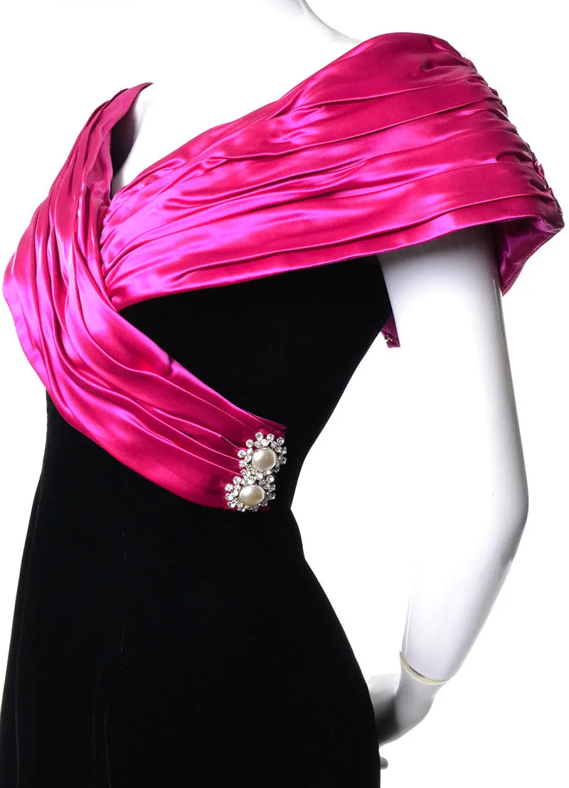 1980s Dramatic Black Velvet Pink Satin Vintage Cocktail Dress