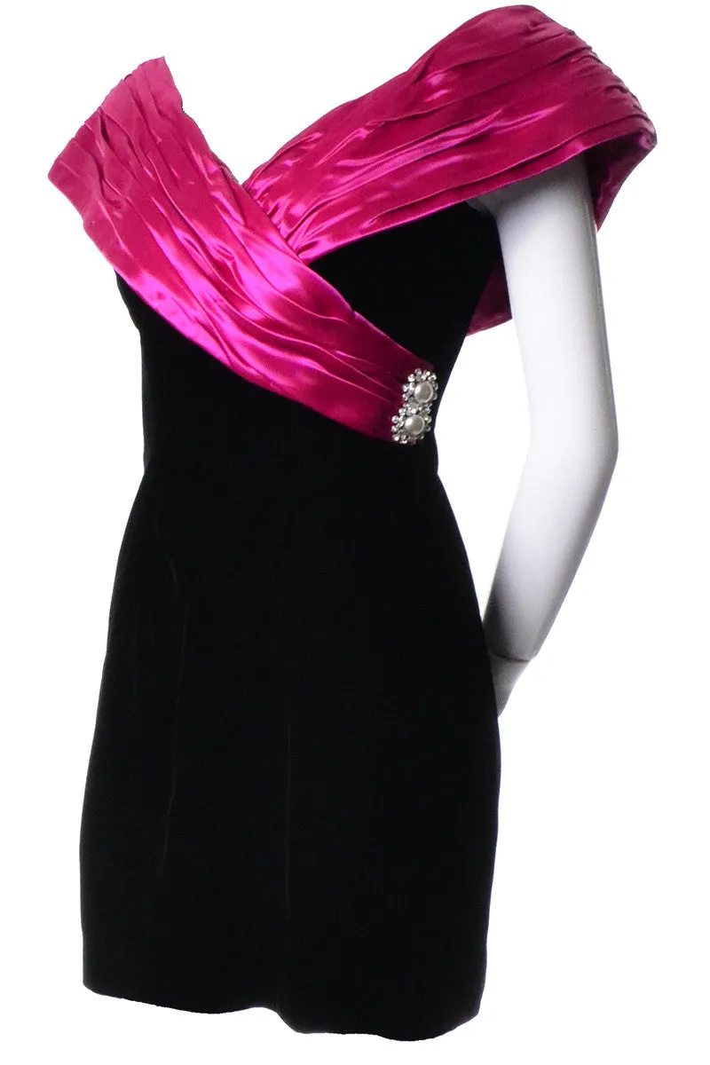 1980s Dramatic Black Velvet Pink Satin Vintage Cocktail Dress