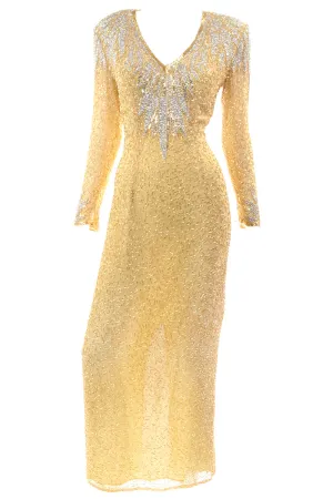 1980s Fully Beaded Gold Vintage Evening Dress w/ Open Cutout Back