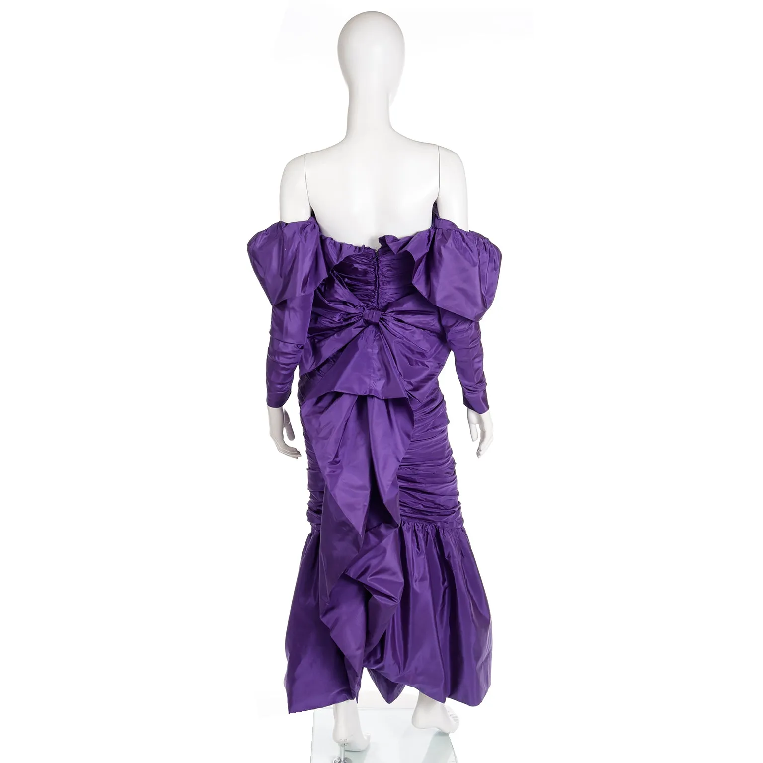 1980s Isabelle Allard Vintage Purple Taffeta Ruched Evening Gown w Bows