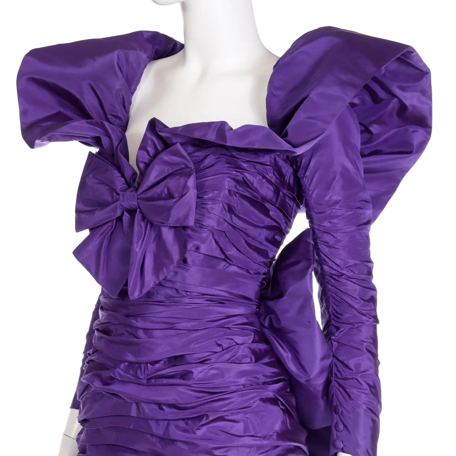 1980s Isabelle Allard Vintage Purple Taffeta Ruched Evening Gown w Bows