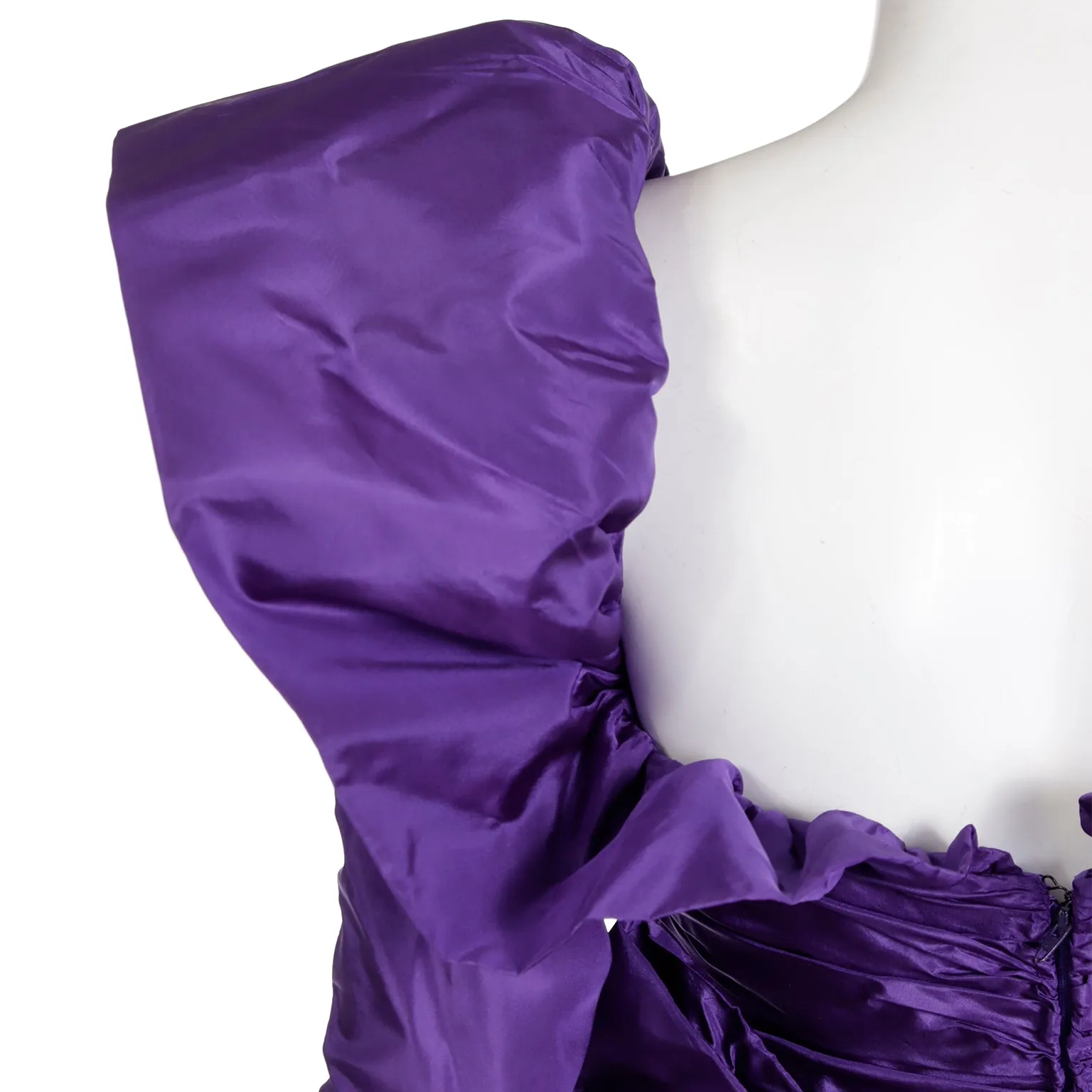 1980s Isabelle Allard Vintage Purple Taffeta Ruched Evening Gown w Bows