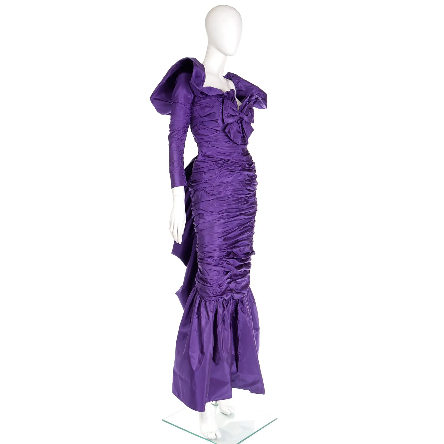 1980s Isabelle Allard Vintage Purple Taffeta Ruched Evening Gown w Bows