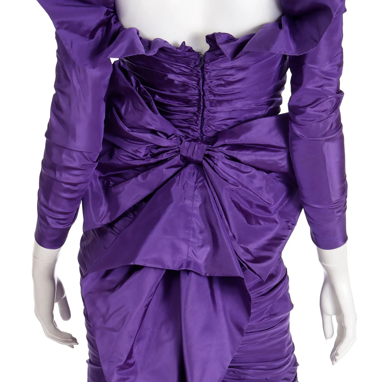 1980s Isabelle Allard Vintage Purple Taffeta Ruched Evening Gown w Bows