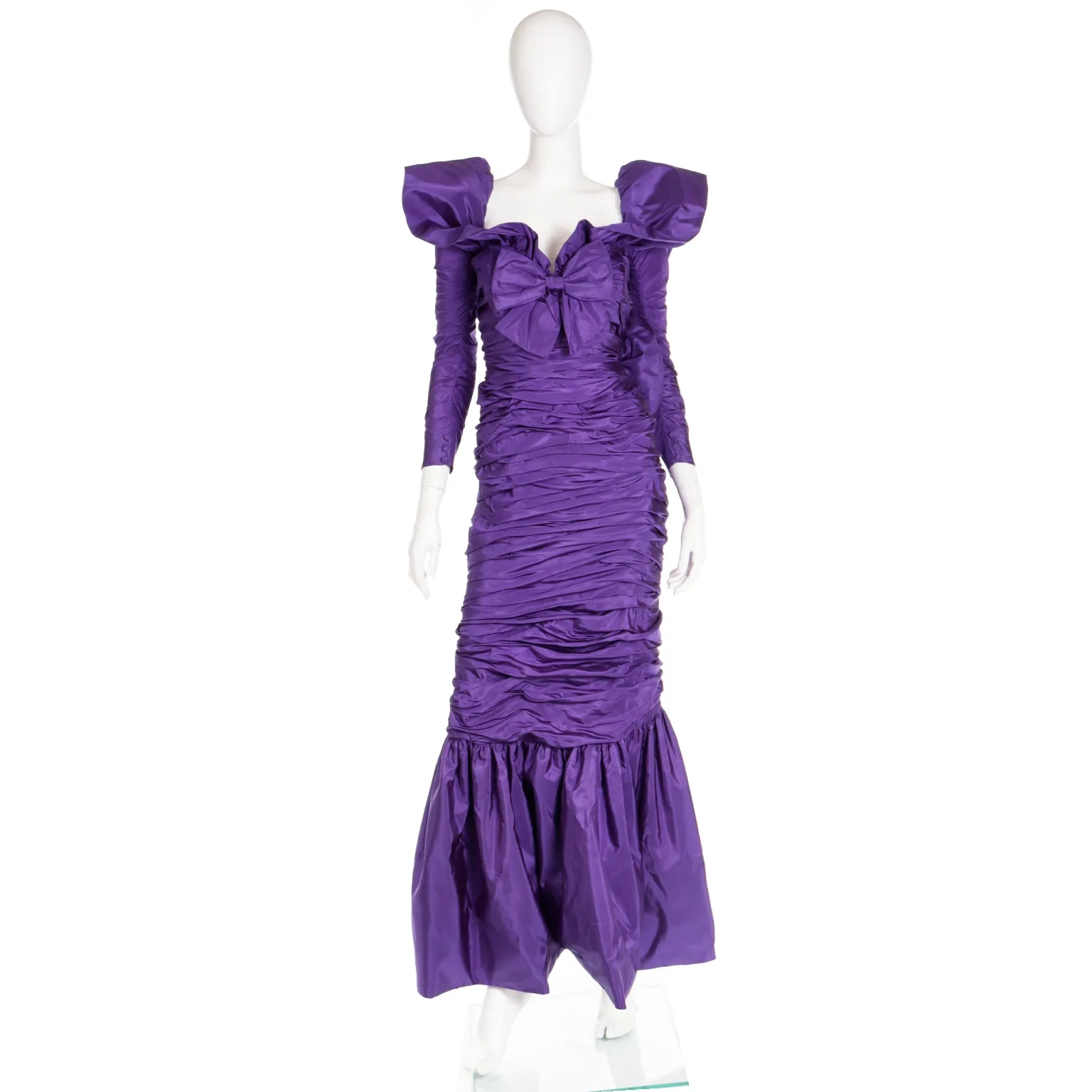1980s Isabelle Allard Vintage Purple Taffeta Ruched Evening Gown w Bows