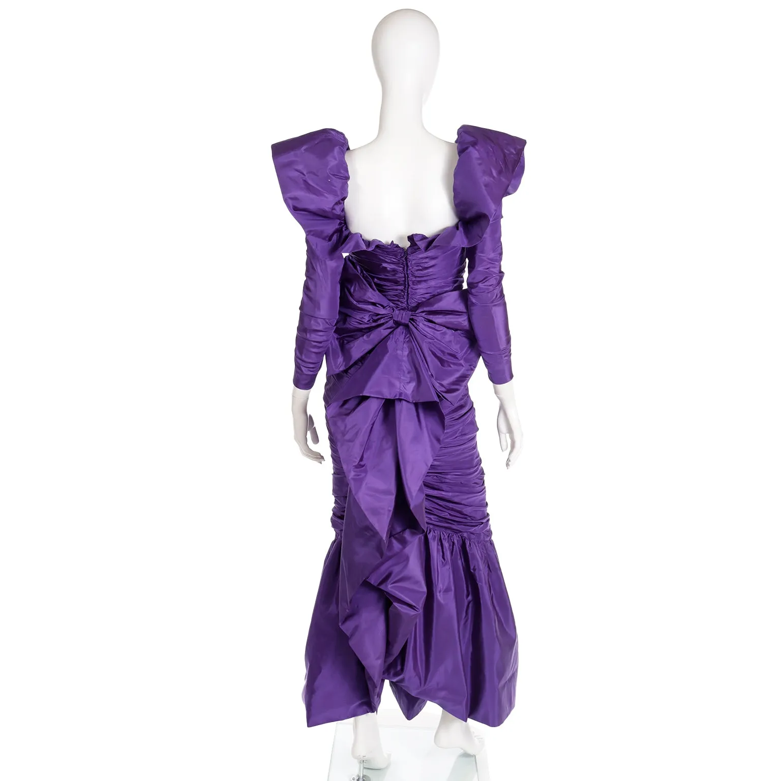 1980s Isabelle Allard Vintage Purple Taffeta Ruched Evening Gown w Bows